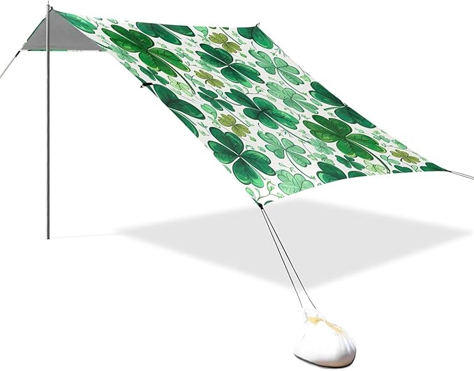 St Patrick's Clover Pattern Beach Tent Sun Shelter Set UPF50+ UV Protection 10.5 x 9.19 FT Camping Shade Canopy with Sandbags Sand Anchors Carrying Bag and Others