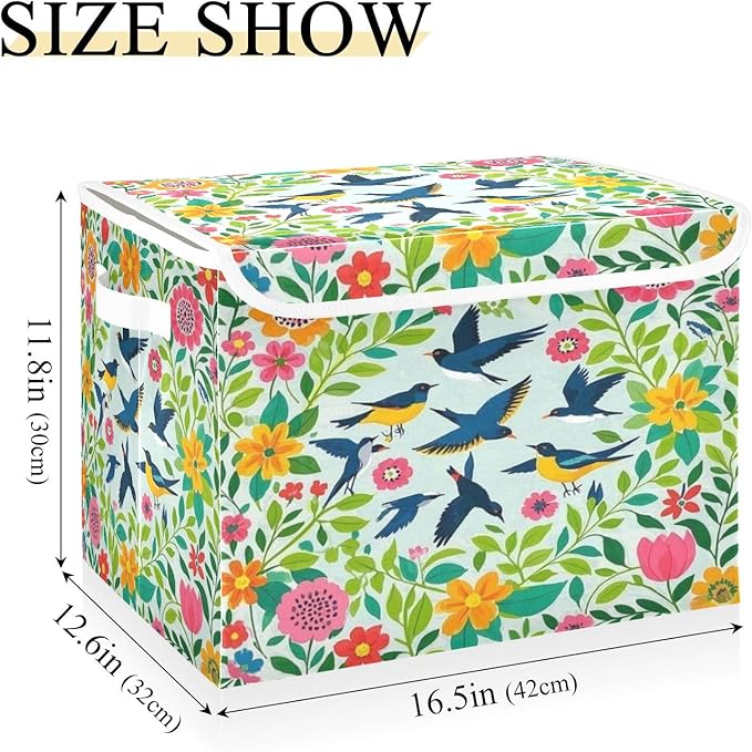 Storage Bins With Lid Stackable Fabric Closet Organizer Clothing Storage Large Boxes For Closet Shelves Bedroom Birds Plants Green