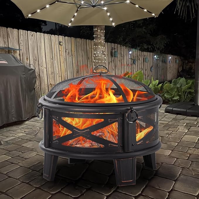 Breezz 26 Inch Wood Burning Fire Pit with Cooking Grill and Spark Screen Outdoor Metal Round Firepit for Patio Backyard Bonfire Party Camping