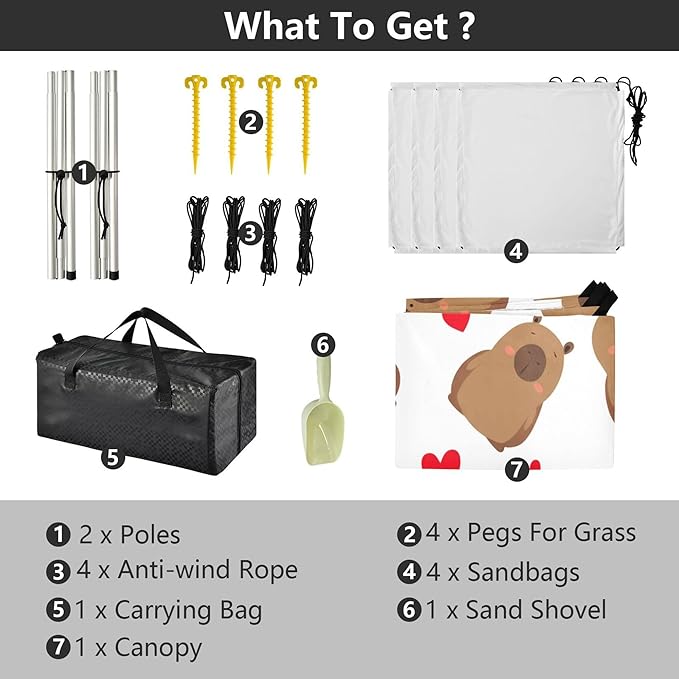 Capibara Beach Canopy Sun Shelter with Sandbags &amp Sand Shovel &amp Windproof Ropes - Portable 110x126 Beach Shade Beach Tent for Camping Picnics
