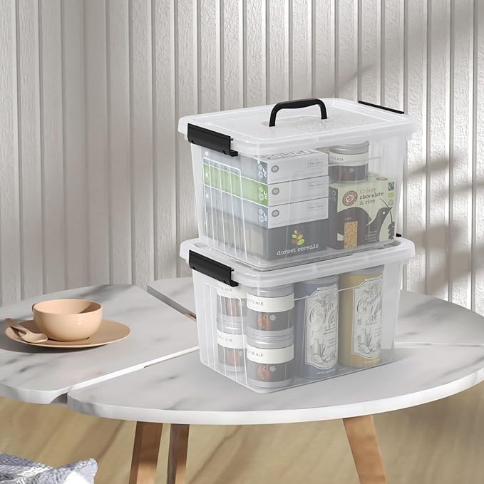 12 Liter Plastic Storage Bin with Handle Clear Lidded Storage Box 4 Pack