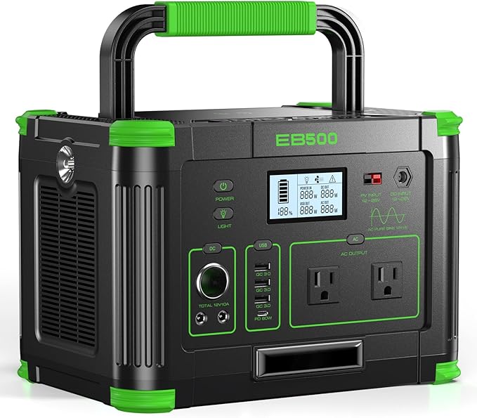 Portable Power Station 500W 519Wh Solar Generator 110V Pure Sine Wave AC Outlets 60W USB-C PD 10 Ports for Outdoor Camping RV Van Home Backup Emergency Off-Grid Living(1000W Peak) Dark Green
