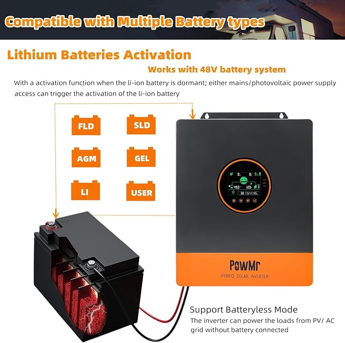 PowMr 5200W Hybrid Solar Inverter 48V DC to 110V/120V AC Split Phase Inverter with 100A MPPT Controller Max PV Input 6KW 500VDC Supports Up to 6 in Parallel for Lead Acid Lithium Battery