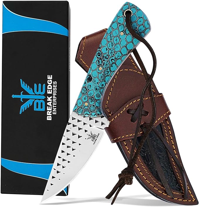 Break Edge Handcrafted Cowboy Hunting Knife with Leather Sheath Premium Handle Best Gift for Boy Friend and Father Day. (Silver &amp Torquise)