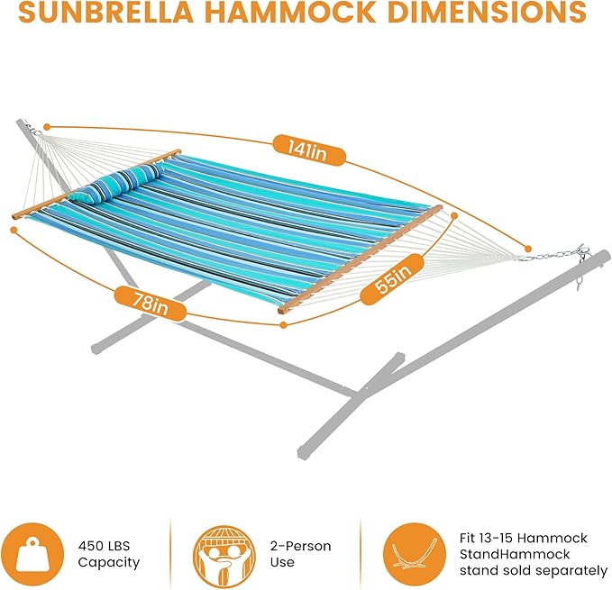 Lazy Daze Hammocks 12 FT Sunbrella Fabric Quilted Hammock Double Sunbrella Quilted Hammock with Spreader Bars &amp Pillow All Weather and Fade Resistant for Outdoor 450 lbs Capacity Dolce Oasis