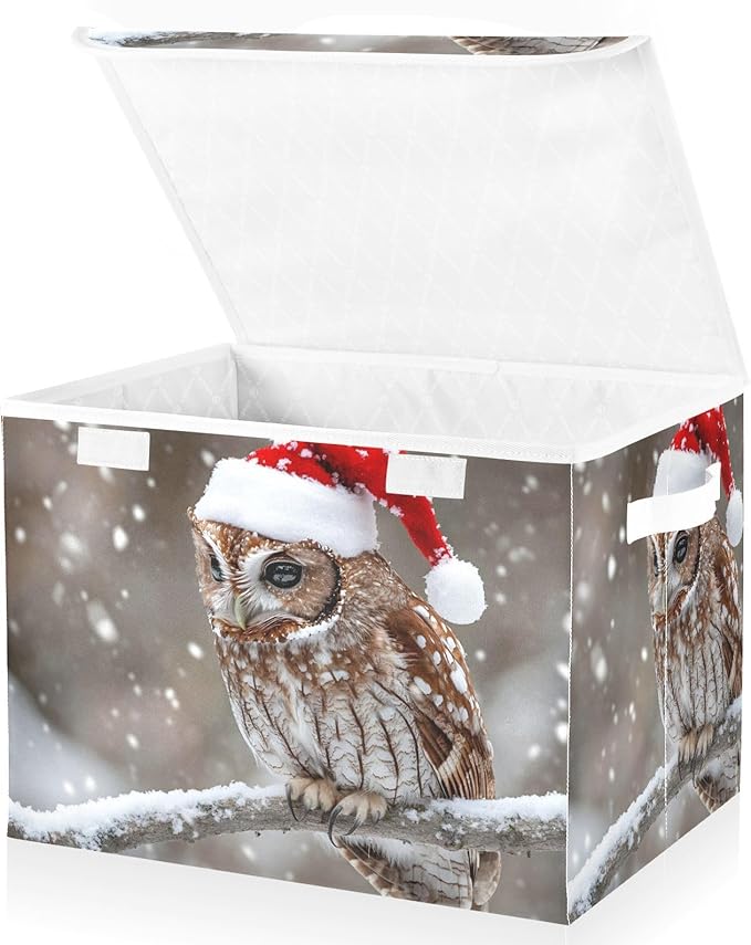 Storage Cube with Lid Christmas Owl Print 16.5×12.6×11.8 IN Collapsible Large Capacity Foldable Storage Basket Bin Organizer