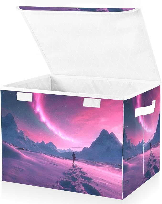 Storage Cube with Lid Polar Aurora Landscape Print 16.5×12.6×11.8 IN Collapsible Large Capacity Foldable Storage Basket Bin Organizer