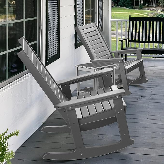 GREENVINES Outdoor Rocking Chairs | Set of 4 | Porch Rocker | HDPE Plastic | Grey | Oversized Rockers | High Back | Big &amp Tall | Ladder Back | for Patio Outside Backyard Balcony Garden