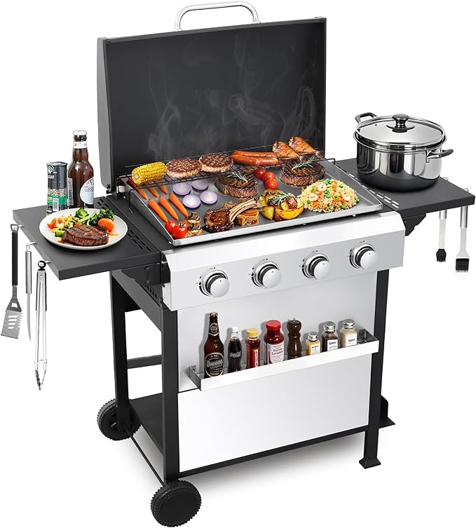 4-Burner Flat Top Propane Gas Grill Stainless Steel Griddle Combo with Foldable Side Table 49200 BTU Outdoor BBQ Grill Porcelain-Enameled Cast Iron Grids for Backyard Patio Cooking