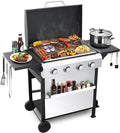 4-Burner Flat Top Propane Gas Grill Stainless Steel Griddle Combo with Foldable Side Table 49200 BTU Outdoor BBQ Grill Porcelain-Enameled Cast Iron Grids for Backyard Patio Cooking
