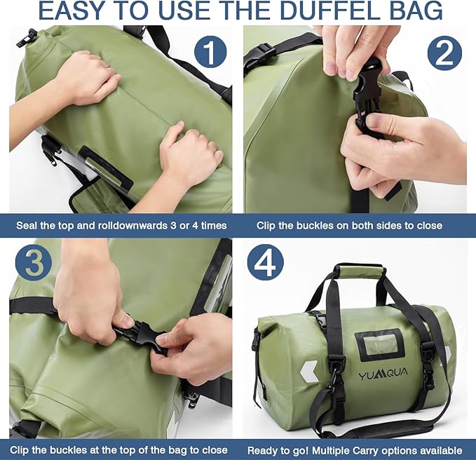 YUMQUA Waterproof Duffel Bag Motorcycle Duffle Bag Heavy Duty Roll Top Large Dry Bags Waterproof with Durable Straps &amp Handle for Travel Outdoor Boating Rafting Kayaking Camping Paddle boarding