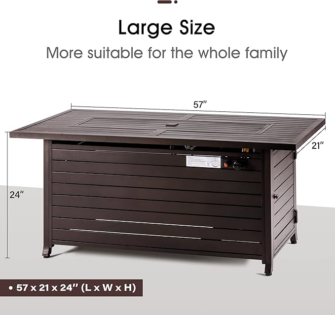 LEGACY HEATING 57 inch Gas Fire Pit Table Outdoor Propane Fire Pit Table 50000BTU Fire Table with Lid Retangular Bronze Firepit Table for Garden Courtyard Deck Poolside Party