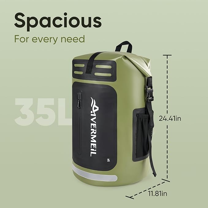 Dry Bag Waterproof Backpack 35L for Men &amp Women Roll-Top Hiking Backpack with IPX8 Waterproof Phone Case for Kayaking Boating Cushioned Padded Back Green