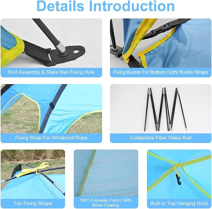 Beach Tent Sun Shelter for 4-6 Person Portable UPF 50+ UV Protection Sun Shade Shelter Easy Setup Waterproof Beach Shade Canopy with with Carrying Bag Lightweight Outdoor Tent