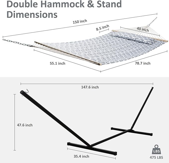 SUNCREAT 55 Inch Extra Large Double Hammock with Stand 475lbs Capacity Outdoor Portable Hammock with Hardwood Spreader Bar Extra Large Pillow Grey