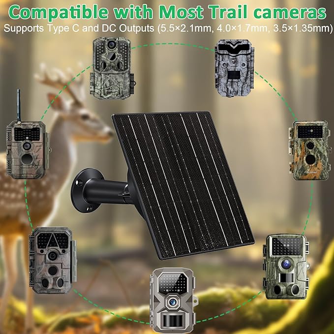 FUTUREZEN Solar Panel for Trail Camera 10W Solar Battery Charger with 10400mAh Battery 5V/12V Adjustable Output USB-C &amp DC Plugs IP66 Waterproof 360° Adjustable Mount 9.8ft Cable