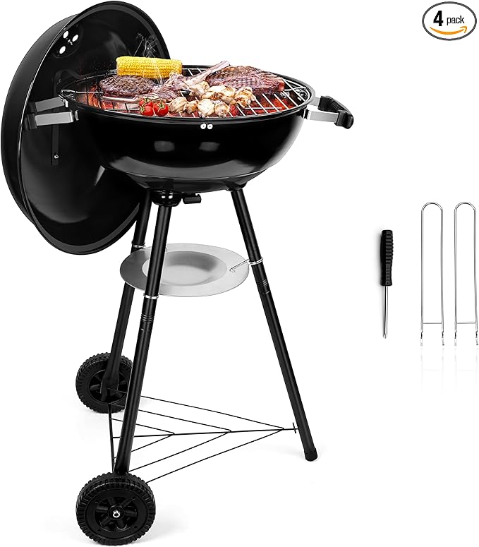 HaSteeL 18 Inch Charcoal Grill Black Kettle Outdoor Barbecue Grill 2-In-1 Portable BBQ Grill with Wheels for Camping Backyard Patio Picnic Porcelain-Enameled Lid &amp Fire Bowl 254.SQ.IN Cooking