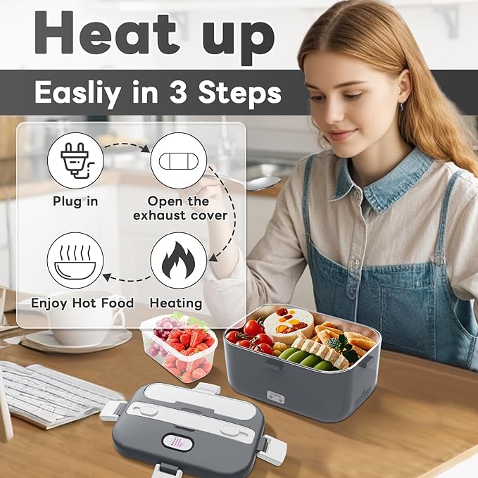 DUPASU Electric Lunch Box Food Warmer: 100W Heated Lunch Box for Adults 1.8L Portable Fast Heating Lunchbox Food Heater for Car Truck Work Travel Lonchera Elctrica Porttil 12/24V/110-230V