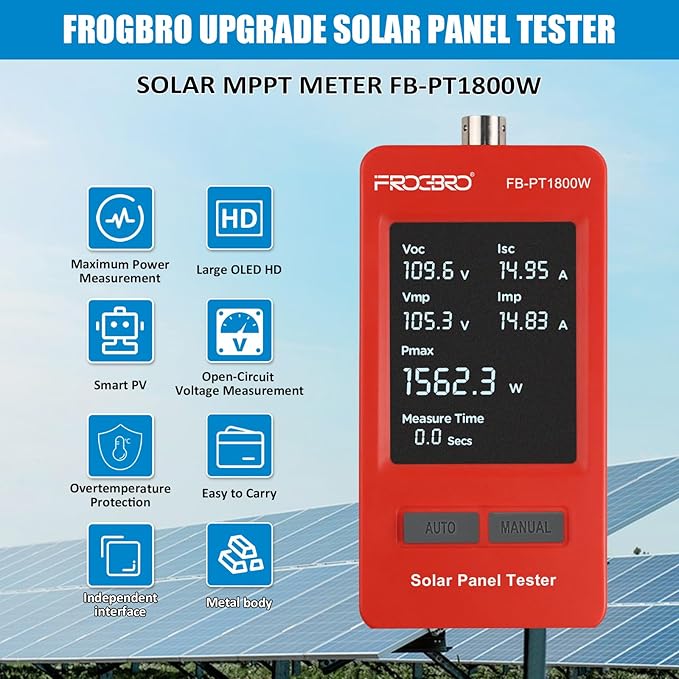 FrogBro 1800W Solar Panel Tester – PV Multimeter with Smart MPPT &amp HD OLED Display for Solar Panel Diagnostics and Data Analysis