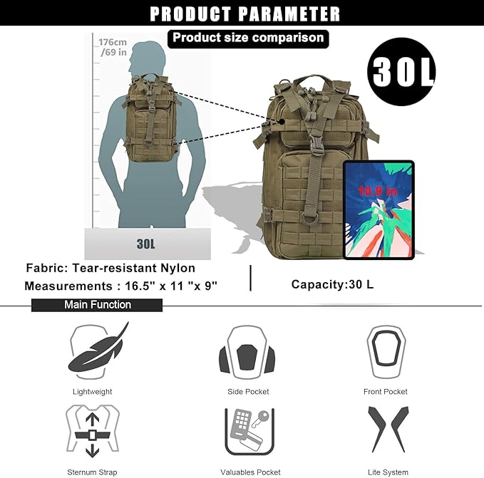 Miramrax Small Tactical Backpack Military Daypack - 30L Backpack for Men Molle Assault Pack Bug Out Bag for Hiking Camping Travel Army Hunting Rucksack Trekking (Green)