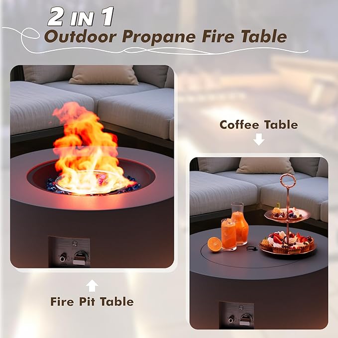 30 Round Propane Fire Pit Table - 50K BTU with Lid Rocks Tank Storage and Cover - Round Gas Fire Pits for Outside Patio - Outdoor Table with Firepit (Grey/Golden Light 30 Round)