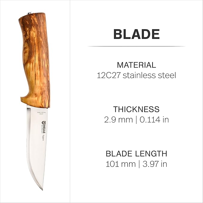 HELLE Knives - Eggen Stainless Steel - Outdoor Camping Knife Stick Tang Fixed Blade with Sheath Curly Birch Handle Made in Norway