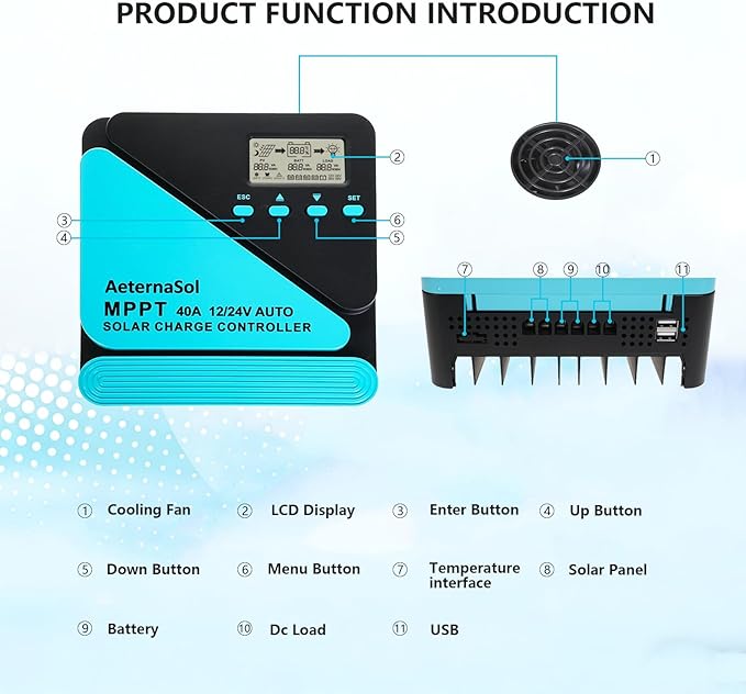 Solar Charge Controller 40A Charge Controllers 12/24V MPPT Solar Charge Controller with Adjustable LCD Timer Dual USB Max Input 100V for LiFePO4/AGM/GEL/FLD Batteries (Blue)