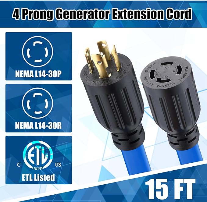 Kanayu 15 ft 4 Prong 30 Amp Flat Generator Extension Cord Compatible with Nema L14-30p/l14-30r 10 Gauge Flat Generator Power Cable Locking for Manual Transfer Switch 125/250v 7500w Etl Listed