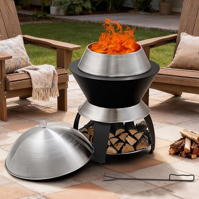 ONBRILL 20 Inch Smokeless Firepit Outdoor Fire Pit with Waterproof Lid Removable Ash Pan Handbag 2 in 1 Stainless Steel Potable Fire Pits for Outside Wood Burning Bonfire Camping Picnic Black