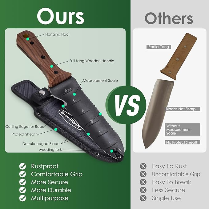 PERWIN Hori Hori Garden Knife Garden Tools with Sheath for Weeding Planting Digging 7 Stainless Steel Blade with Cutting Edge Full-Tang Walnut Wood Handle with Hanging Hole
