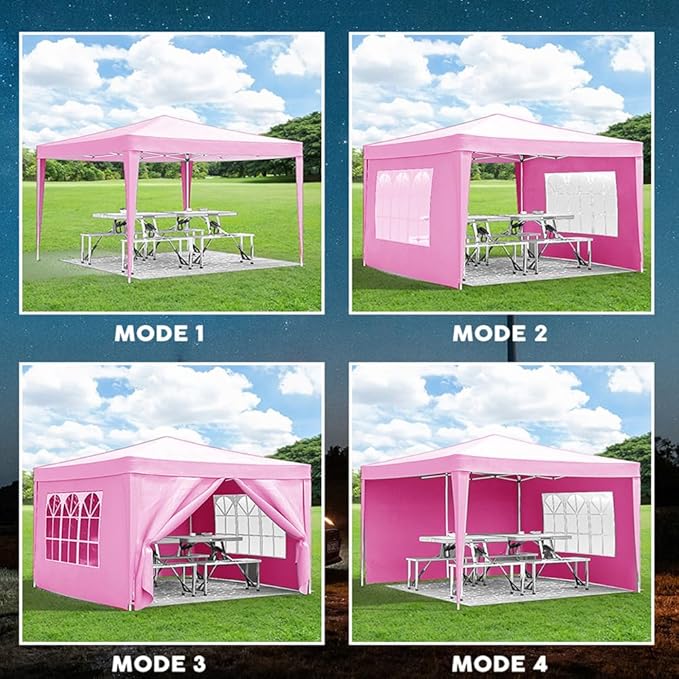 10'x10' Folding Canopy with 4 Removable Sidewalls Outdoor Event Shelter UPF 50+ Gazebo Portable Tents for Parties Beach Camping Wedding EZ Pop Up Canopy Weight Bag + Carry Bag (Pink)