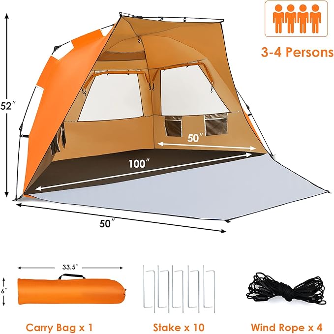 Tangkula 3-4 Person Easy Pop Up Beach Tent UPF 50+ Portable Sun Shelter w/ 3 Ventilation Windows Zippered Front Porch 4 Storage Pockets &amp Carrying Bag Instant Beach Sun Shade with 8.5mm Rod