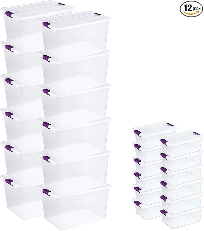 Sterilite 66 Quart Clear Latch Lid Storage Container Tote 12 Pack and 15 Quart Clear Latch Lid Storage Container Tote 12 Pack for Home Organization