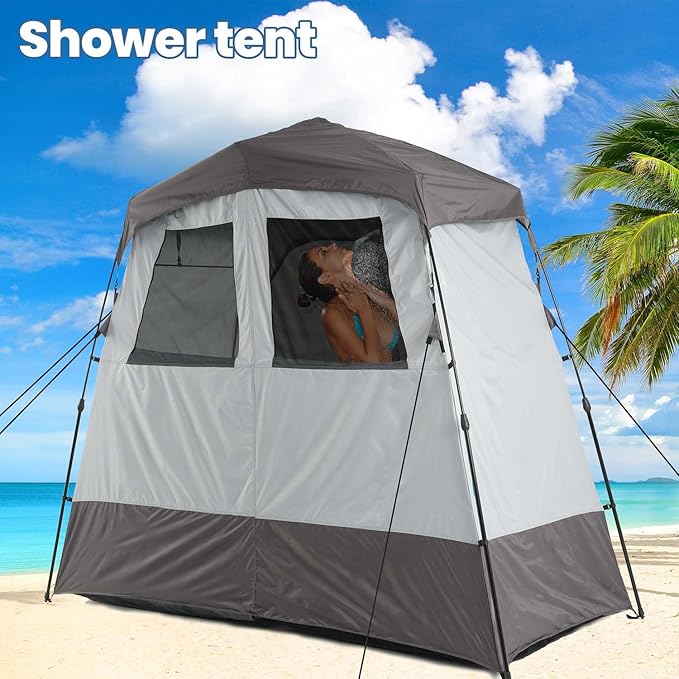 Camping Shower Tent Deluxe Changing Room Easy Set Up Privacy ShelterLarge Toilet Tent with Floor Drain Design for Beach CampingHiking with Stakes and Ropes for Stability