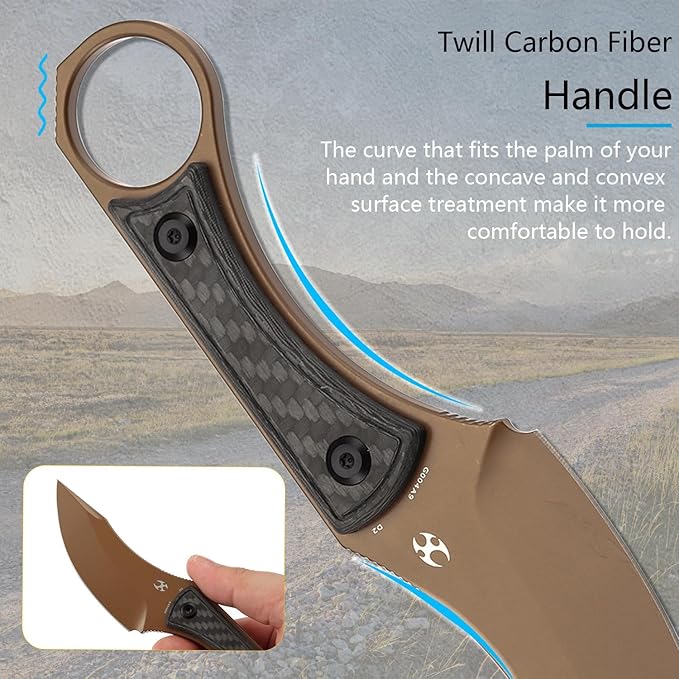 KANSEPT Niko Fixed Blade Knife 3.54'' Rose Gold Coated D2 Sharp Blade with Twill Carbon Fiber Handle Adjustable Kydex Sheath for Edc Hunting Survival Camping G004A9