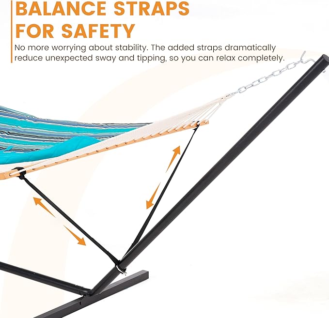 Lazy Daze Hammocks 2 Person Portable Hammock with 12FT Stand Double Hand Woven Cotton Rope Hammock with Detachable Quilted Pad &amp Pillow for Outside 450lb Capacity Blue Stripes