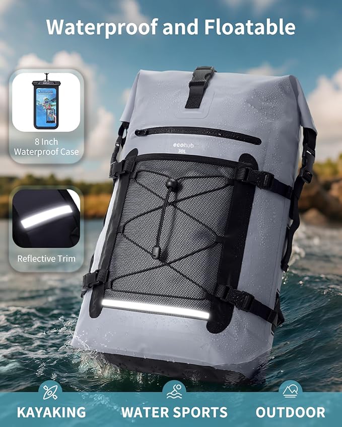 ECOHUB Waterproof Backpack for Women Men 30L Roll-Top Closure Heavy Duty Dry Bag for Travel with IPX8 Waterproof Phone Case