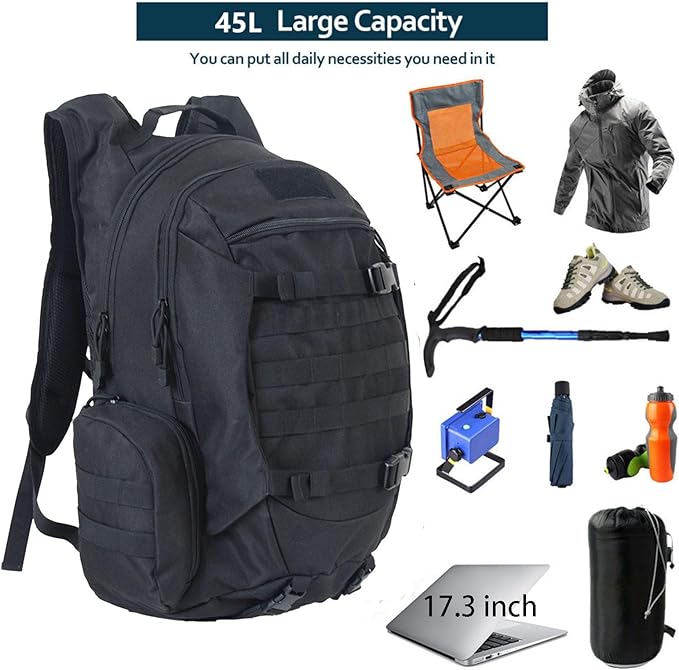45L Waterproof Fishing Hunting Backpack Outdoor Military Rucksacks Tactical Sports Camping Hiking Trekking Bags (Black)