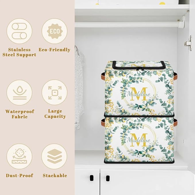 Personalized Eucalyptus Initials Storage Bins with Zipper Lid Custom Fabric Storage Boxes Foldable Closet Organizers Cubes for Clothes Shelves Home Decorative 2PCS Flower Leaves