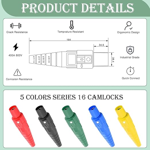 Kingdder 5 Pcs CLS40FB-C Female Camlock Power Connectors 2/0-4/0 Cam-Lock Wire 400 AMP 600V Camlock Set Series 16 Inline Cam Style Plug