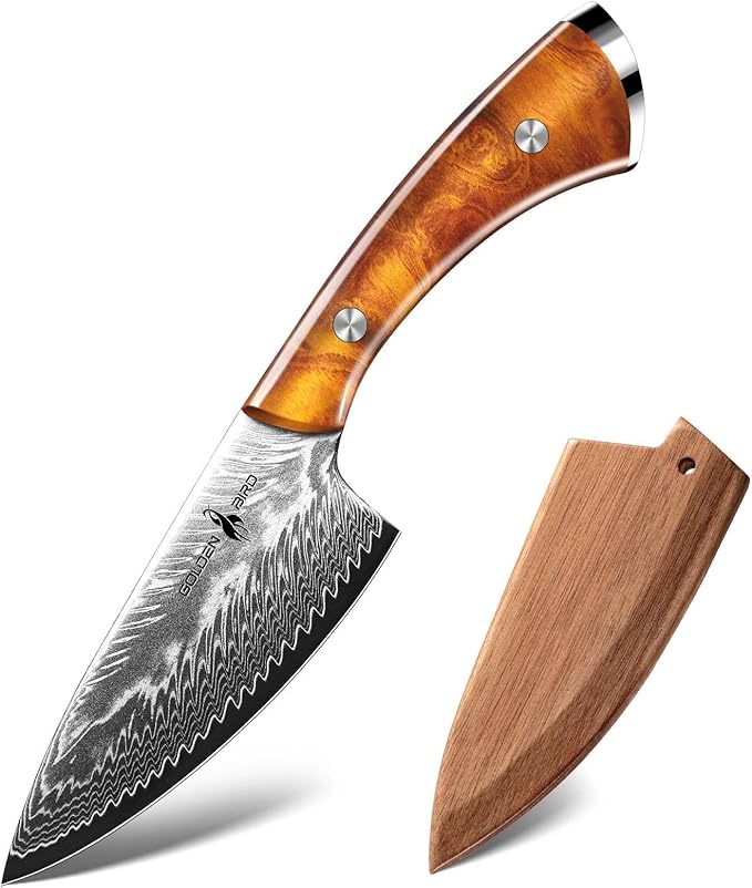 Golden Bird Damascus Steel Knife for Kitchen and Outdoor - Hand Forged Chef Camping Knife with Resin Handle &amp Wood Sheath All Purpose Cooking Survival Hunting KnivesGift for Men &amp Women