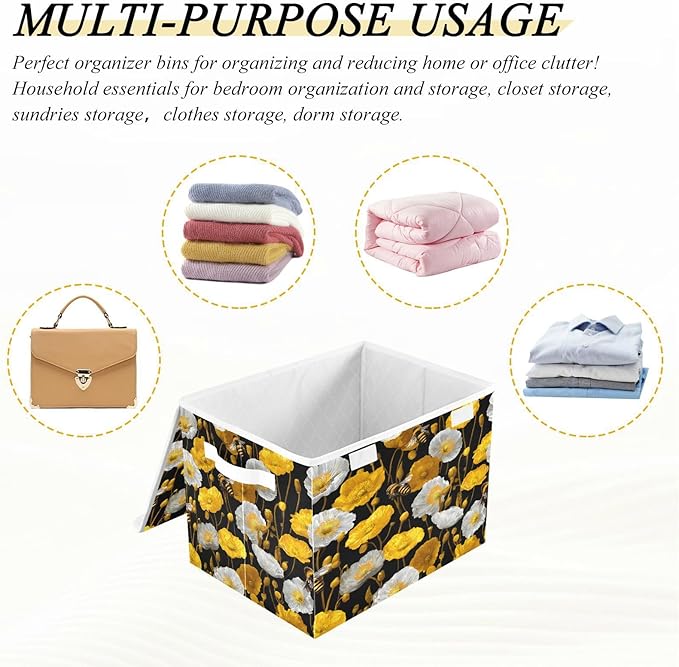 Storage Bins With Lid Stackable Fabric Closet Organizer Clothing Storage Large Boxes For Closet Shelves Bedroom Black Bees and Poppies
