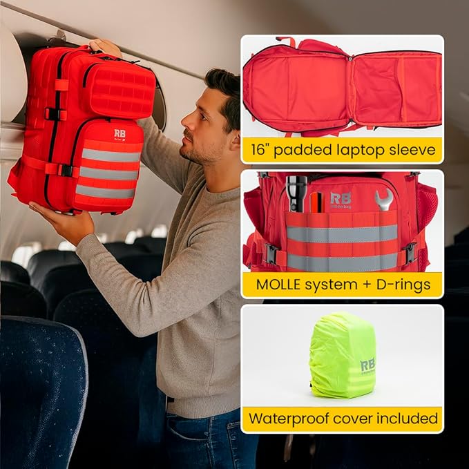 riderbag Xtreme 30L Tactical Carry-On Backpack for Airplanes Work Gym and Team Sports with 16 Inch Laptop Sleeve Stick Holder Recycled rPET Fabric Rain Cover (red)