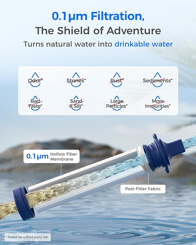Waterdrop Gravity Water Filter Straw Camping Water Filtration System Water Purifier Survival for Travel Backpacking and Emergency Preparedness 1.5 gal Bag 0.1 Micron Light Blue