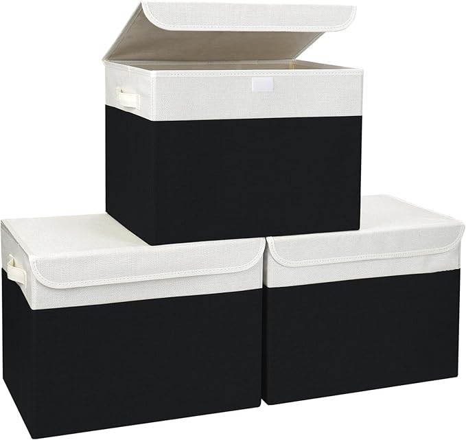 Large 17 42 Quarts Collapsible Stackable Storage Bins with Lids [3-Pack] Foldable Fabric Linen Storage Boxes Cube Closet Organizer Baskets with Label for Home (16.7 x 12 x 12 Black &amp White)