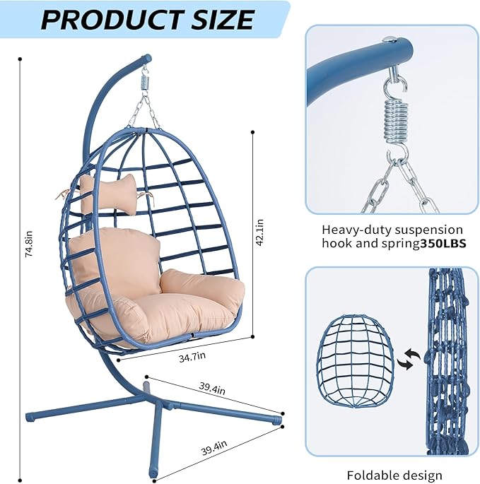 Hanging Egg Chair with Stand Outdoor Indoor Patio Rattan Swing Hammock Chairs with Washable Cushion 350lbs Capacity PE Wicker Swing Chair for Backyard Bedroom Garden (Blue + Beige Cushion)