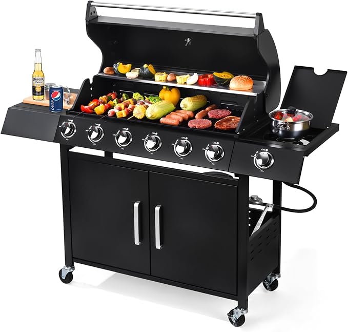 6-Burner w/Side Burner Gas Grill with 403 SQ.IN. Outdoor Grill with 60000 BTUPropane Grills with Top Cover LidGrills Outdoor Cooking for PatiosCampingBalcony-Q032
