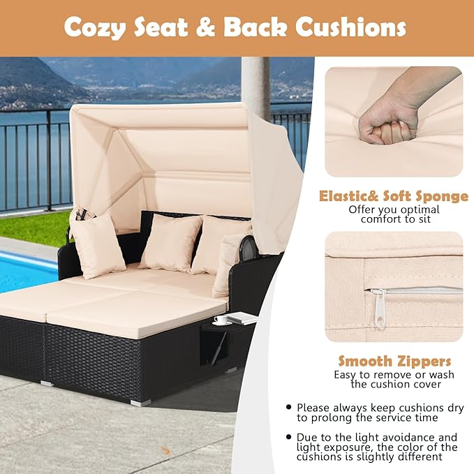 Tangkula Patio Rattan Daybed with Retractable Canopy Outdoor Wicker Sunbed Lounger with 2 Foldable Side Tables Thick Seat &amp Back Cushions Outside Double Daybed for Garden Backyard Porch