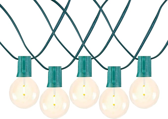 Novelty Lights 25 Feet G50 LED Patio String Light Set with 25 Bulbs Warm White Weather Resistant and Shatterproof Replaceable Plastic Globe Bulbs Green Wire