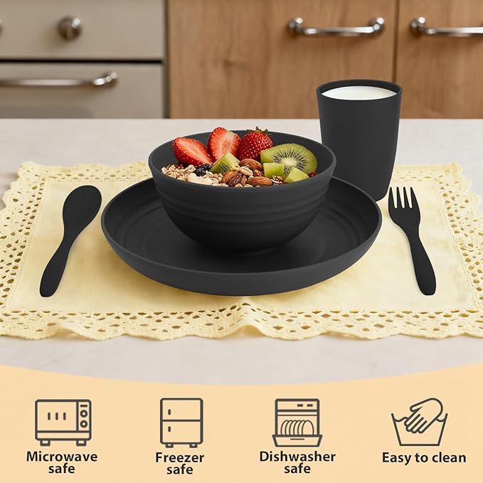 Wheat Straw Dinnerware Sets Unbreakable Kids Plates and Bowls Sets 20-Piece Service for 4 Alternative Plastic Outdoor Camping Dishes Microwave &amp Dishwasher Safe - Black